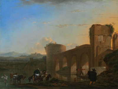 Le Tibre avec le Ponte Molle au coucher du soleil - Jan Asselijn